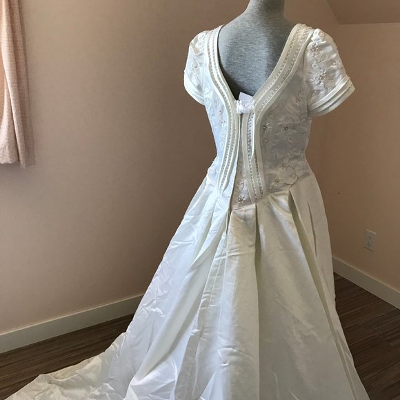 Bridal Originals Embroidered Satin Short Sleeve Wedding Gown with Train - Picture 8 of 14